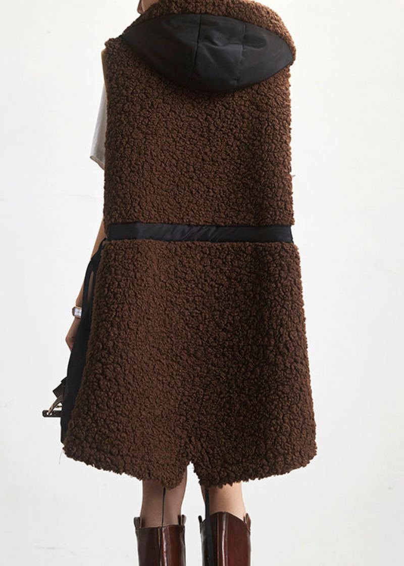 Gilet En Fausse Fourrure À Capuche Ample Café Fermeture Éclair Patchwork Teddy Sans Manches - Manteaux d'hiver femmes