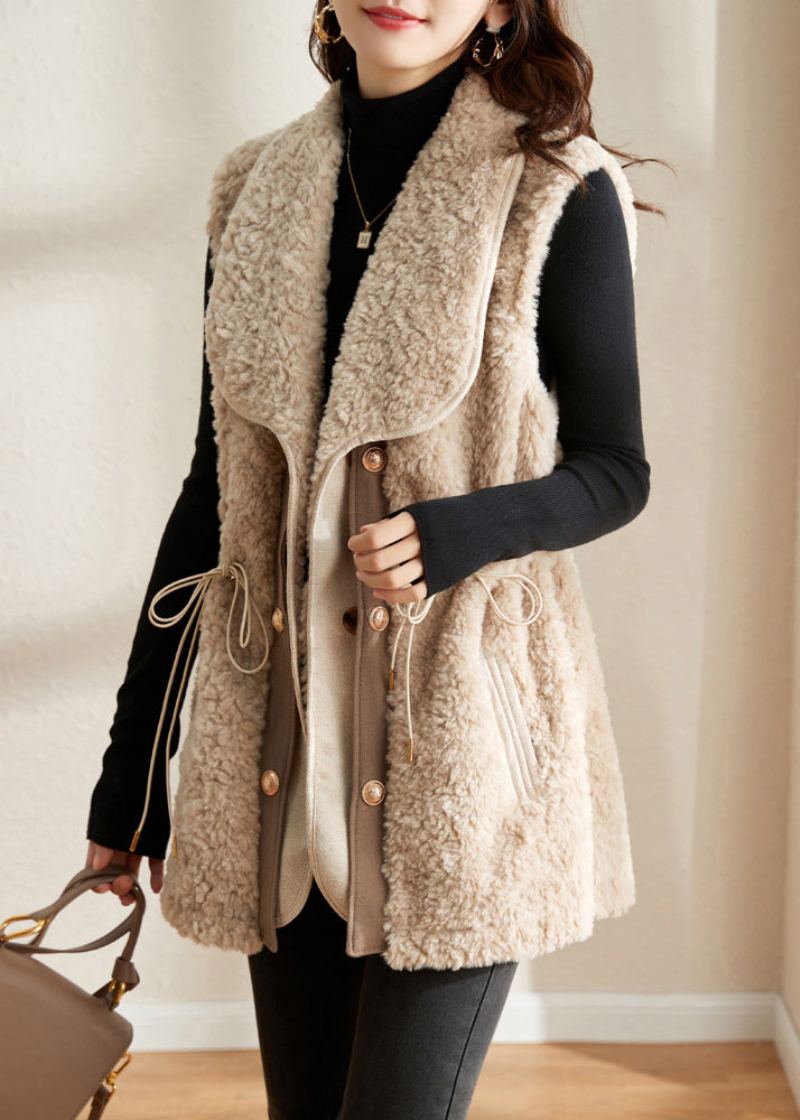 Gilet En Fausse Fourrure Épaisse Beige Cranté Avec Boutons En Patchwork Coupe Slim Automne