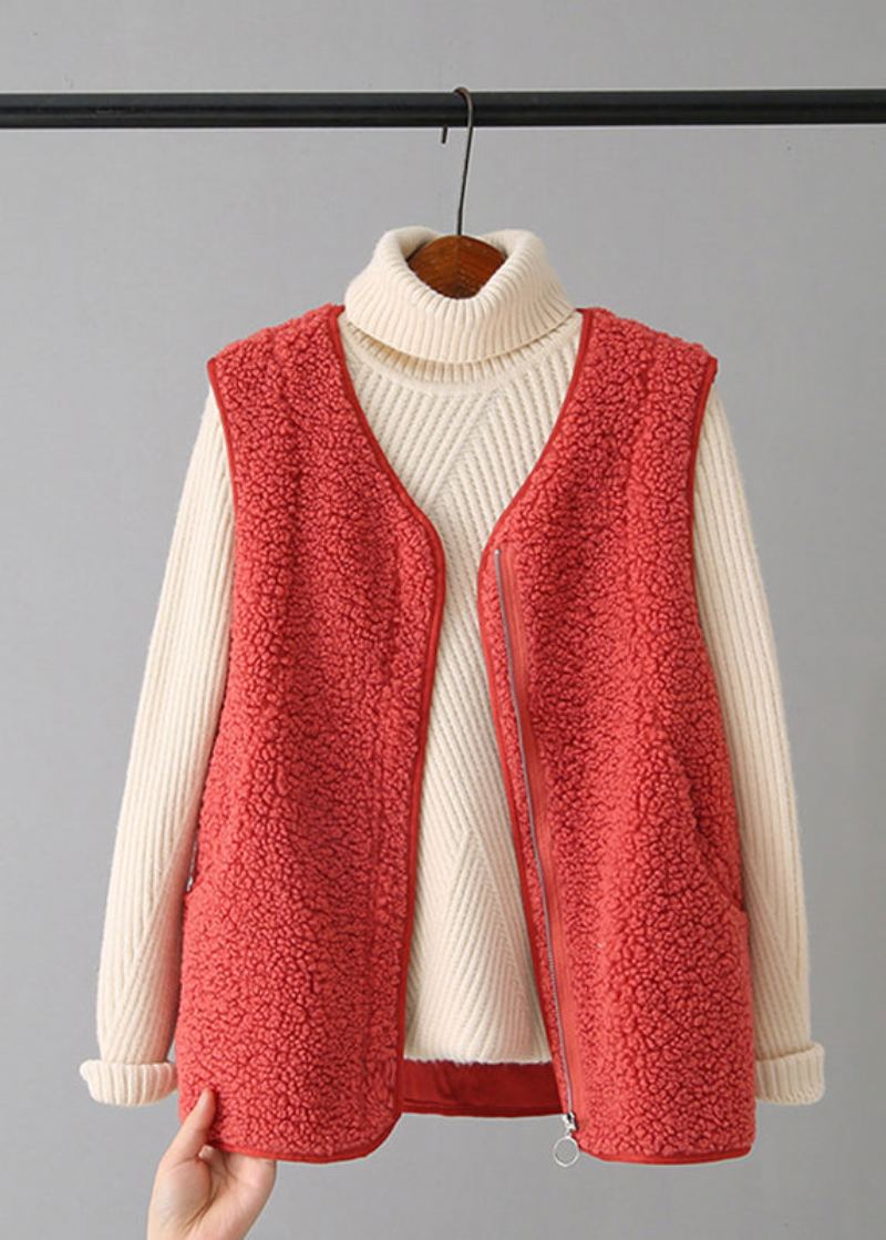 Gilet En Fausse Fourrure Zippé À Col En V Café Vintage Automne - Café