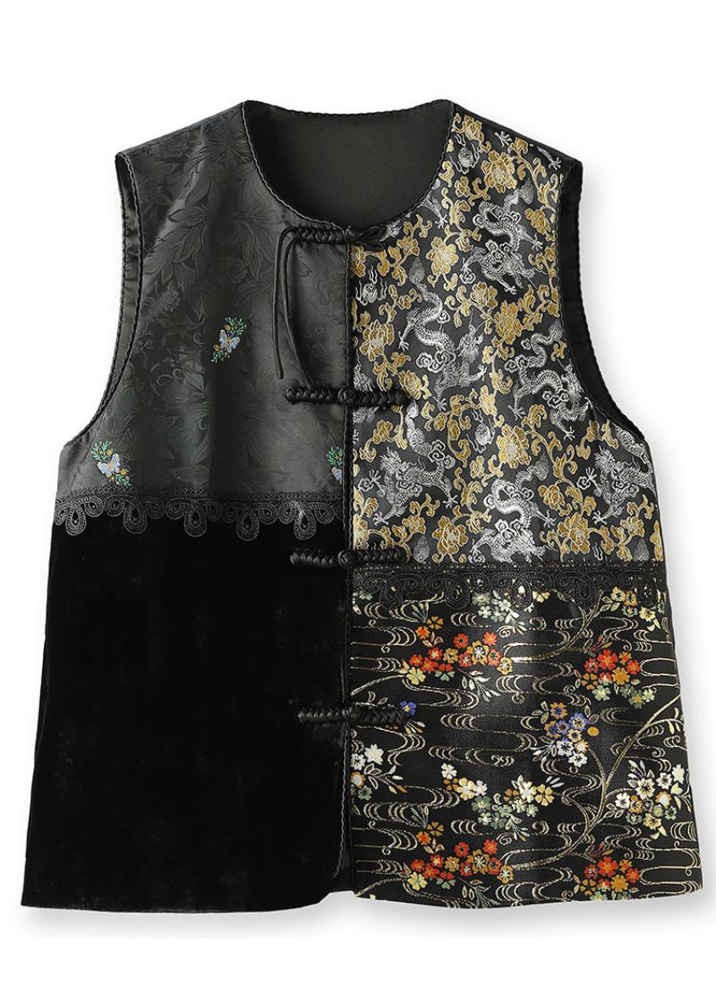 Gilet Jacquard Noir Brodé Bouton Patchwork Soie Velours Automne - Manteaux d'hiver femmes