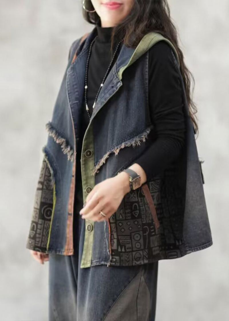 Gilet En Jean Ample Bleu À Capuche Bouton Patchwork Sans Manches