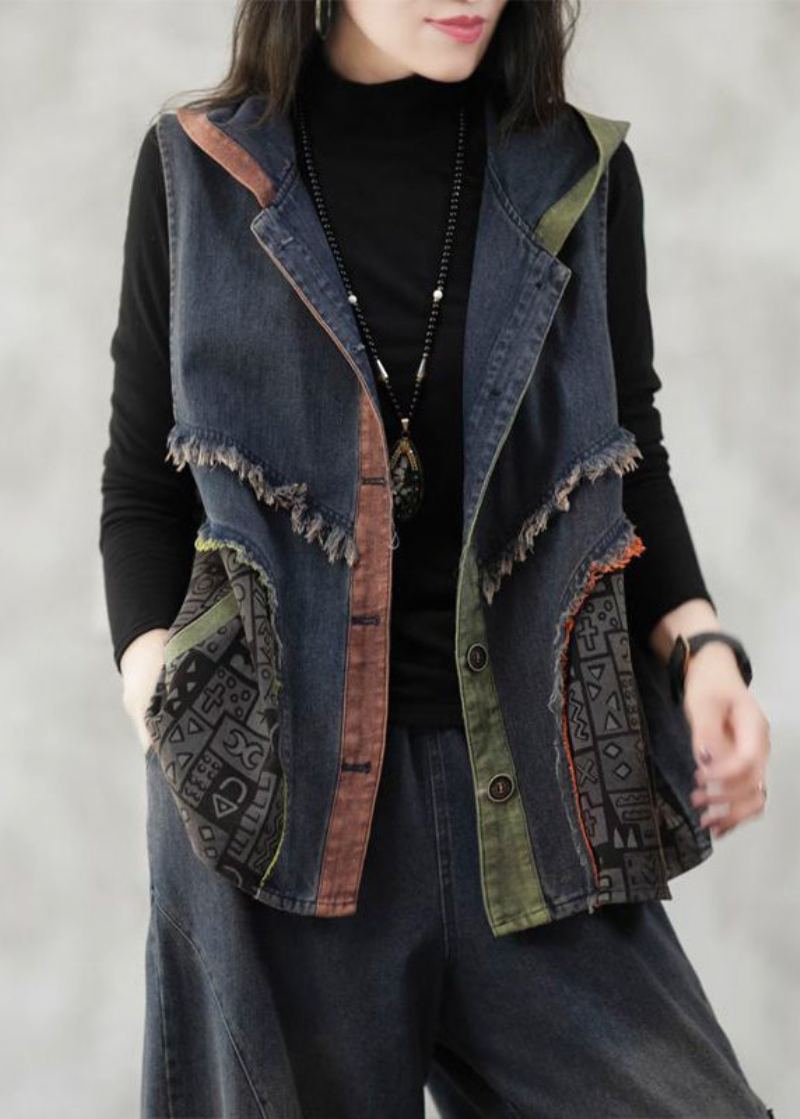 Gilet En Jean Ample Bleu À Capuche Bouton Patchwork Sans Manches - Manteaux d'hiver femmes