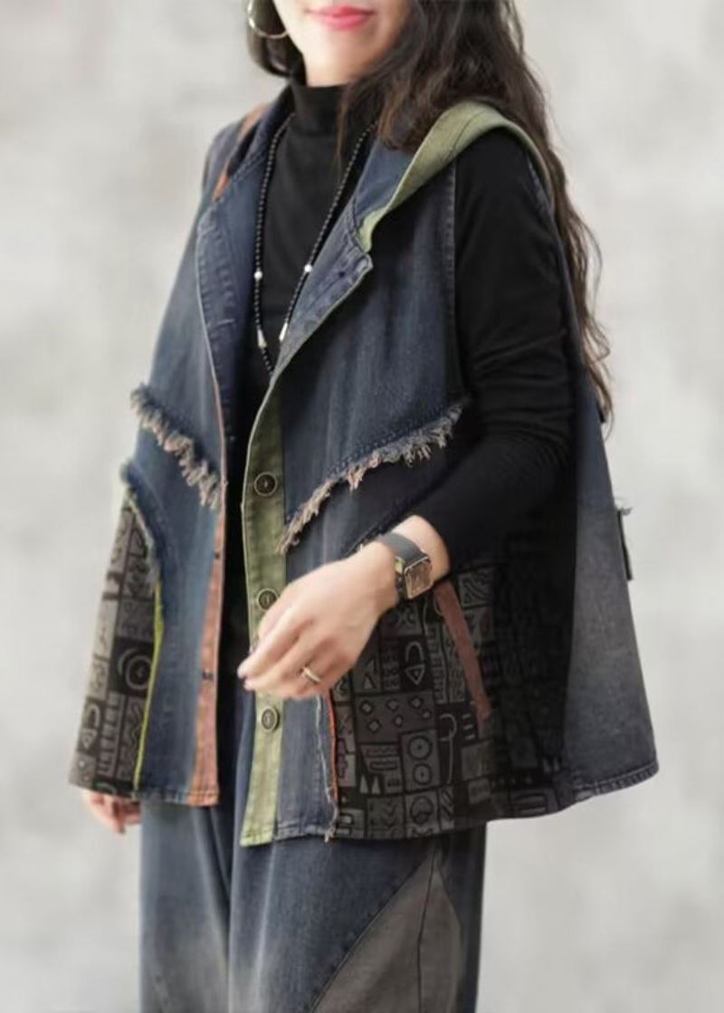 Gilet En Jean Ample Bleu À Capuche Bouton Patchwork Sans Manches - Manteaux d'hiver femmes