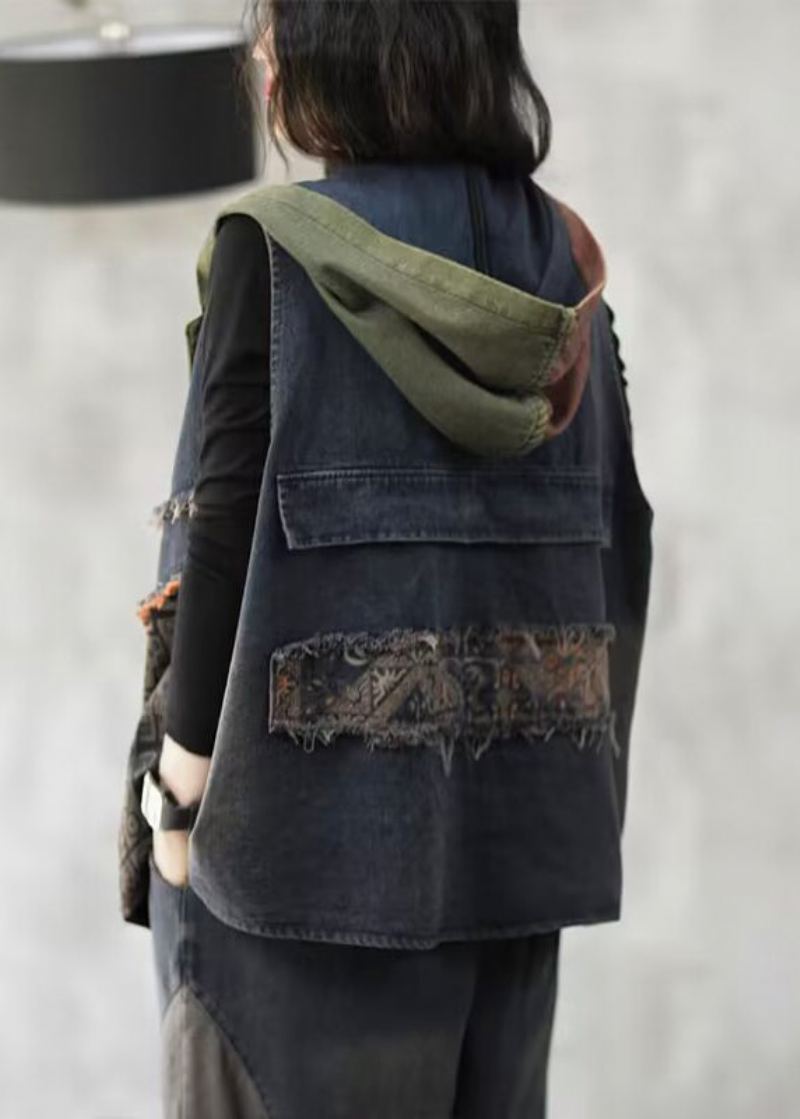 Gilet En Jean Ample Bleu À Capuche Bouton Patchwork Sans Manches - Manteaux d'hiver femmes