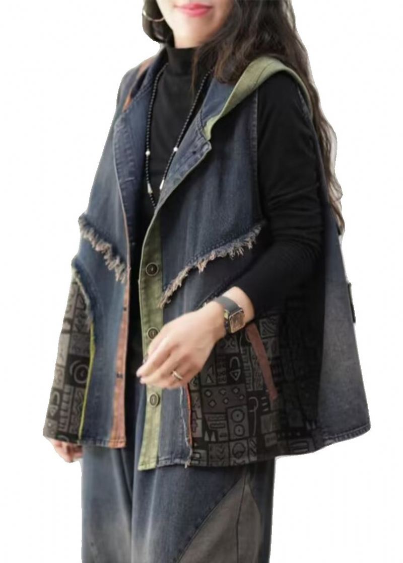 Gilet En Jean Ample Bleu À Capuche Bouton Patchwork Sans Manches - Manteaux d'hiver femmes