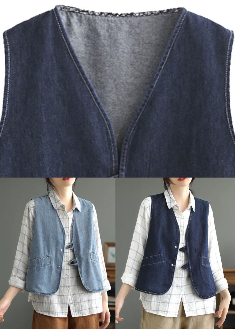 Gilet En Jean Ample Bleu Clair À Col En V Boutonné Automne - Bleu Clair