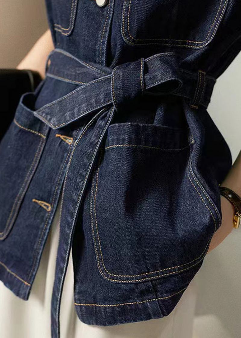 Gilet En Jean Bleu Ample Avec Poches À Nouer À La Taille Et Sans Manches - Manteaux d'hiver femmes