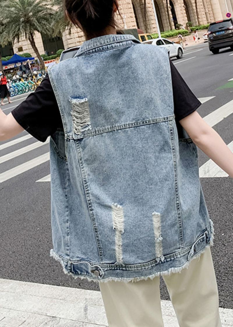 Gilet En Jean Bleu Clair À Col Peter Pan Sans Manches Diy - Bleu Clair