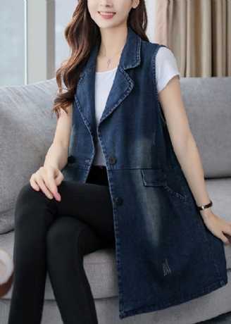 Gilet En Jean Élégant Bleu Cranté Patchwork Bouton Automne