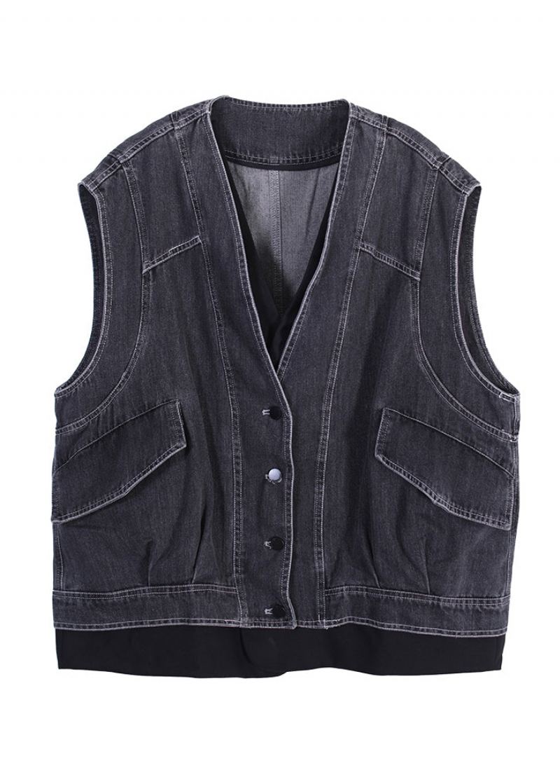 Gilet En Jean Gris Foncé Col En V Boutons Patchwork Faux Deux Pièces Sans Manches - Gris Foncé