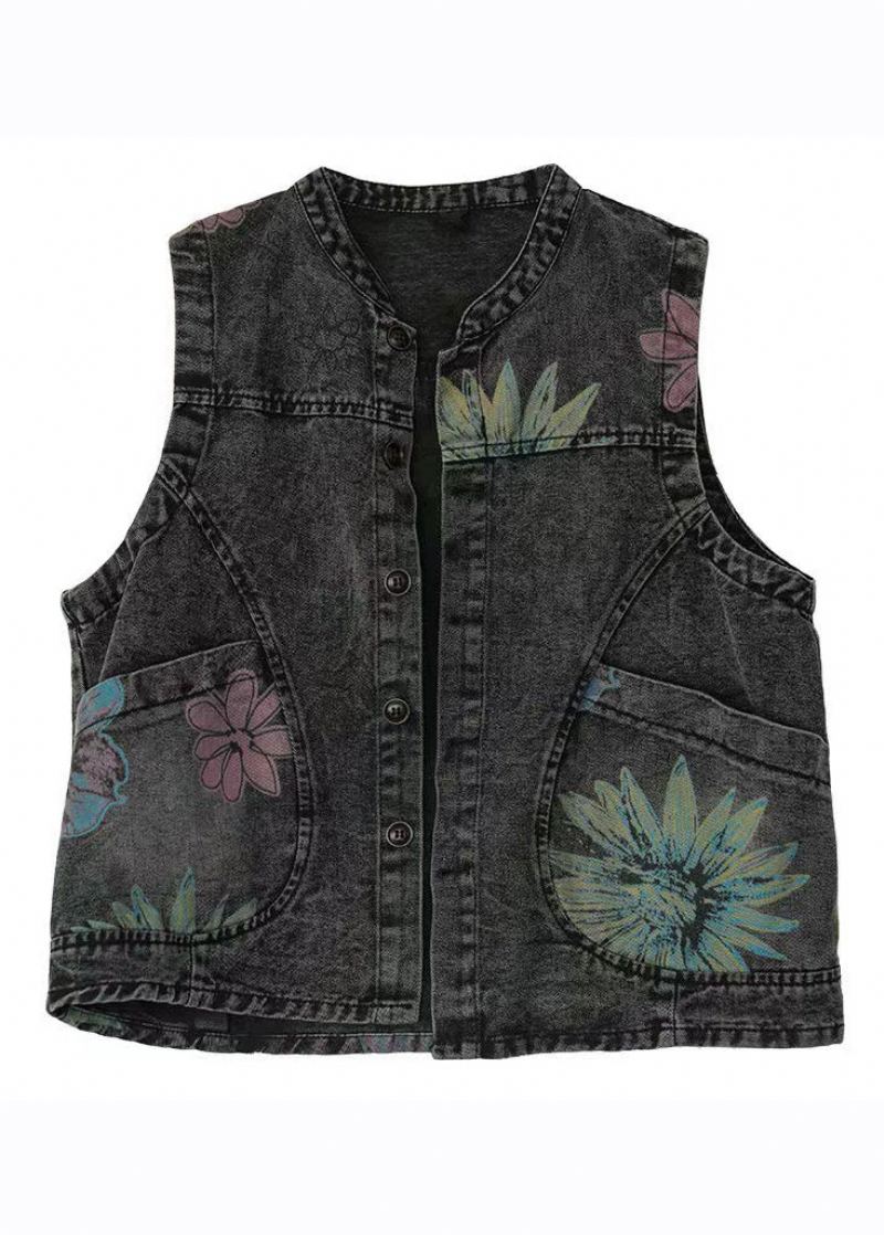 Gilet En Jean Imprimé Col Gris Noir Pour Femme Automne - Manteaux d'hiver femmes