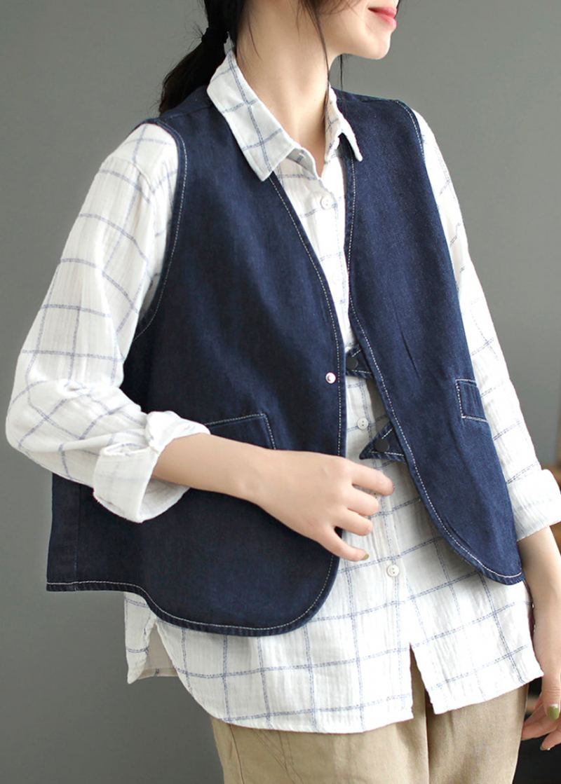 Gilet En Jean Patchwork Poches Bleu Foncé Sans Manches - Bleu Foncé