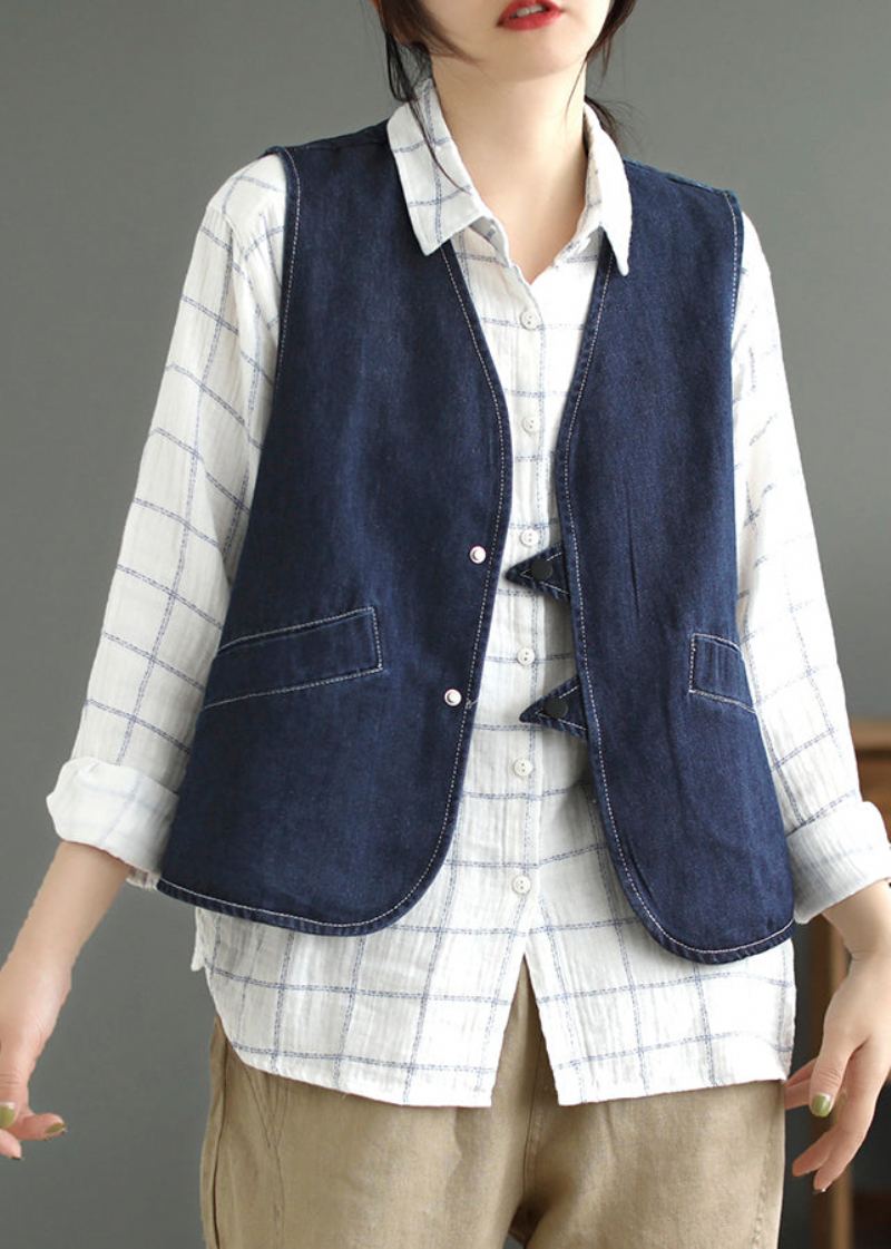 Gilet En Jean Patchwork Poches Bleu Foncé Sans Manches - Bleu Foncé