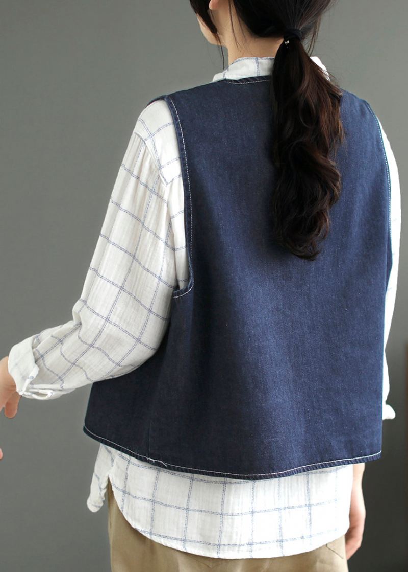 Gilet En Jean Patchwork Poches Bleu Foncé Sans Manches - Bleu Foncé