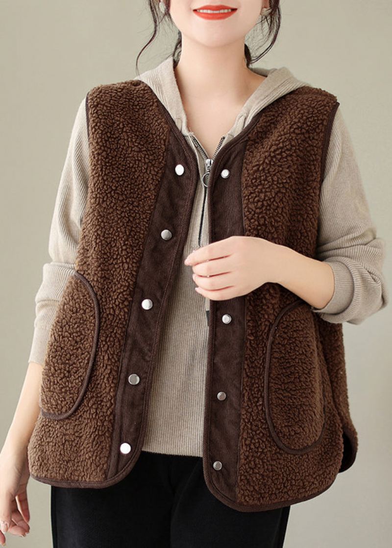 Gilet Marron En Fausse Fourrure Pour Femme Poches Boutonnées Sans Manches