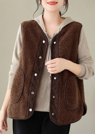 Gilet Marron En Fausse Fourrure Pour Femme Poches Boutonnées Sans Manches