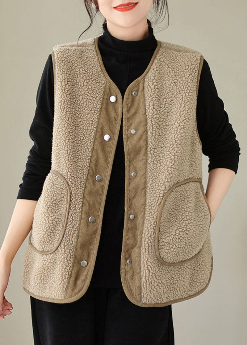 Gilet Marron En Fausse Fourrure Pour Femme Poches Boutonnées Sans Manches - Manteaux d'hiver femmes