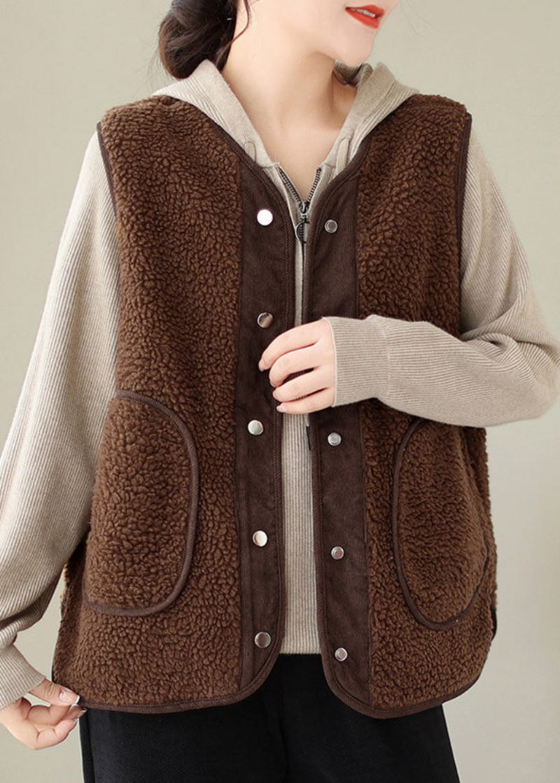 Gilet Marron En Fausse Fourrure Pour Femme Poches Boutonnées Sans Manches - Manteaux d'hiver femmes