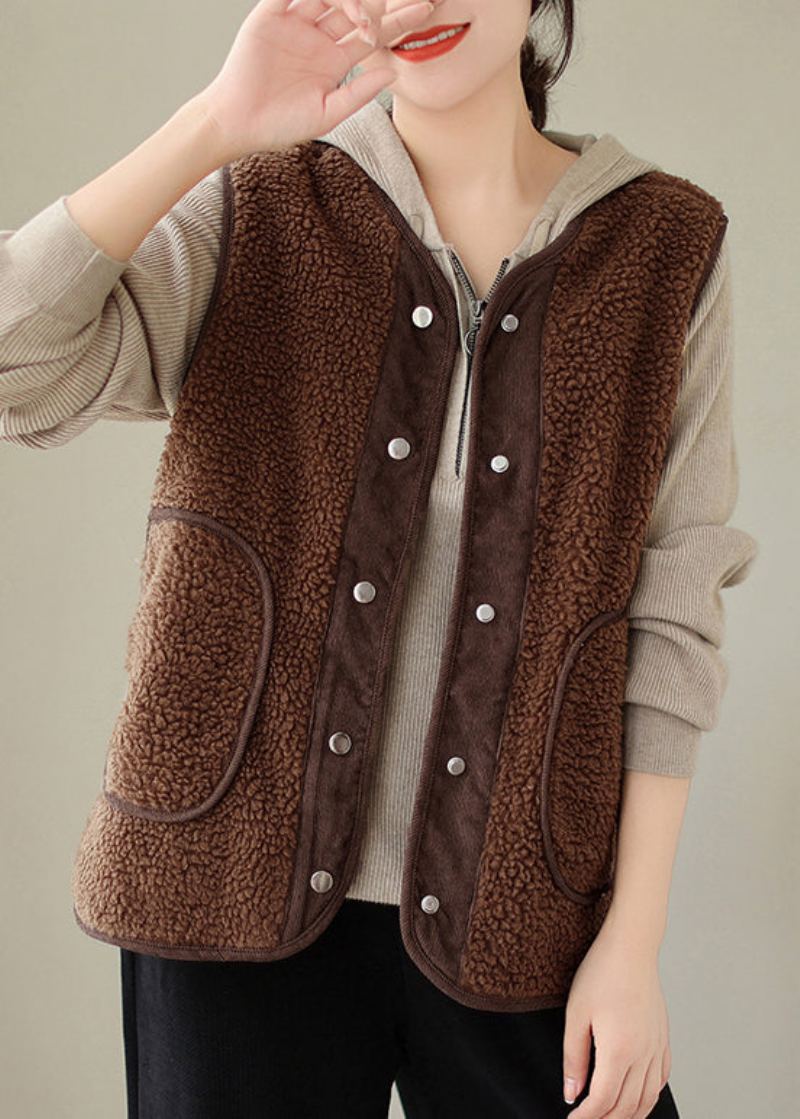 Gilet Marron En Fausse Fourrure Pour Femme Poches Boutonnées Sans Manches - Manteaux d'hiver femmes