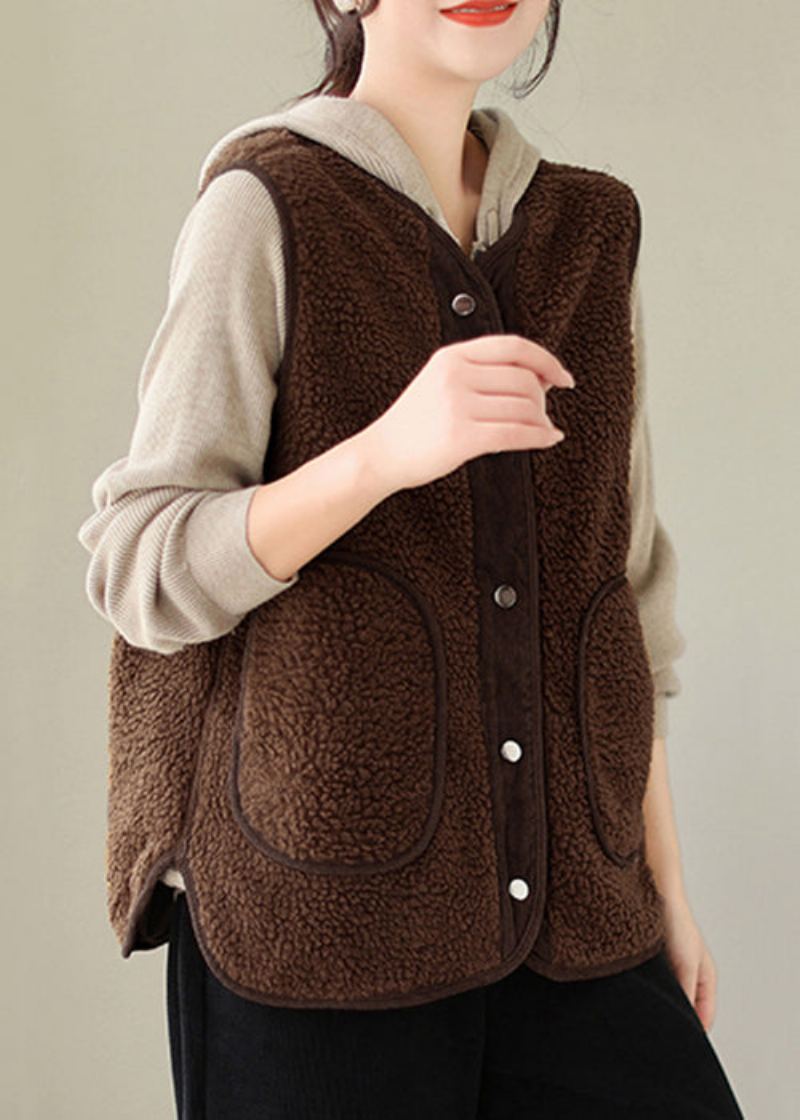 Gilet Marron En Fausse Fourrure Pour Femme Poches Boutonnées Sans Manches - Manteaux d'hiver femmes