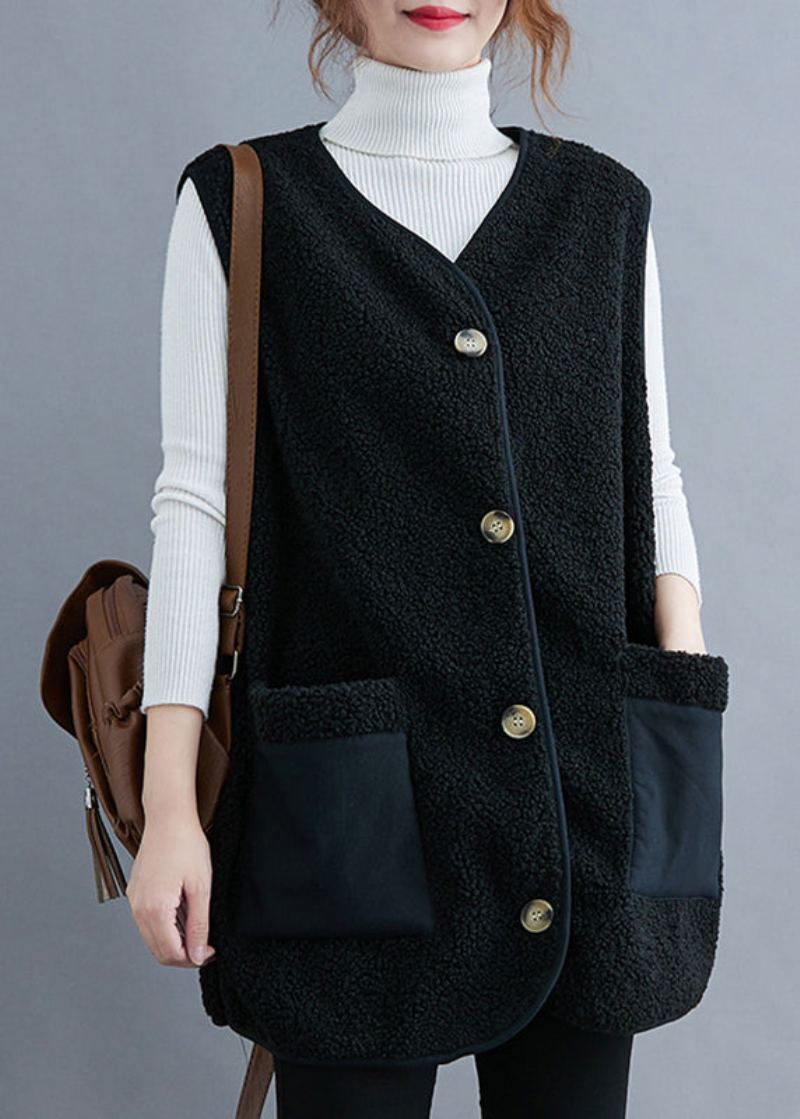 Gilet Noir En Fausse Fourrure Teddy Col V Automne - Noir