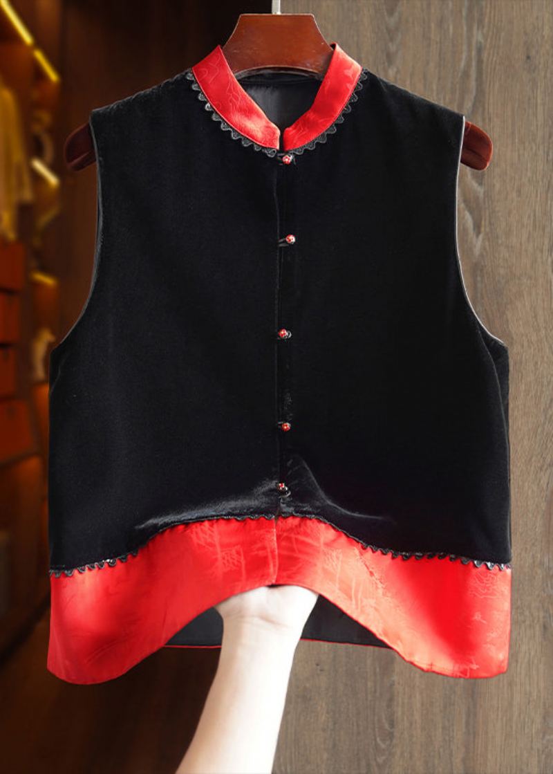 Gilet Noir Simple En Velours De Soie Col Montant Boutons Patchwork Automne