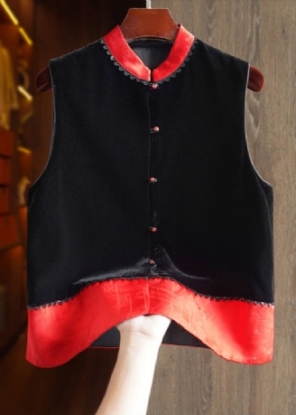 Gilet Noir Simple En Velours De Soie Col Montant Boutons Patchwork Automne