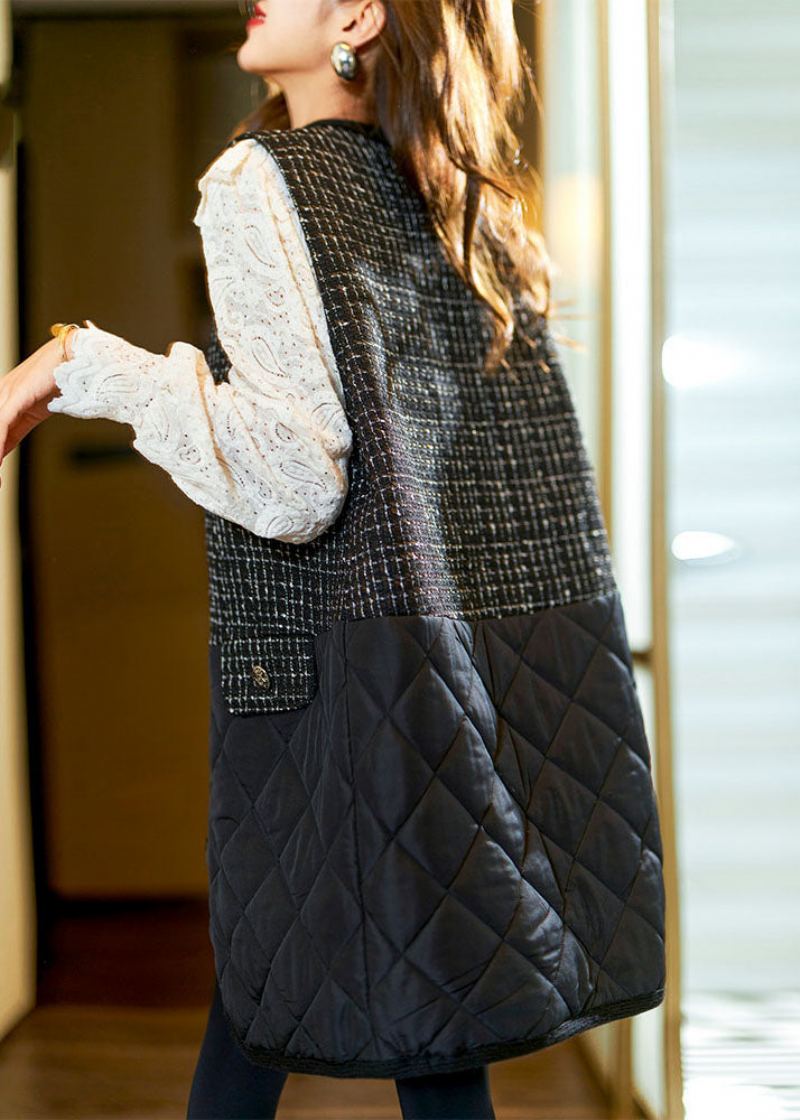 Gilet Polaire Noir Élégant À Col En V Et Patchwork Sans Manches - Manteaux d'hiver femmes