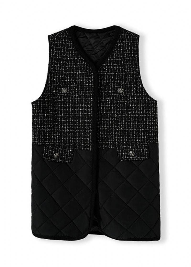 Gilet Polaire Noir Élégant À Col En V Et Patchwork Sans Manches - Manteaux d'hiver femmes