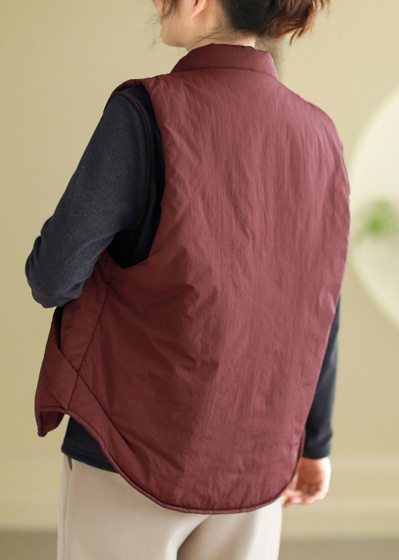 Gilet Sans Manches En Coton Pour Femmes Poches À Boutons Rouge Vin - Manteaux d'hiver femmes