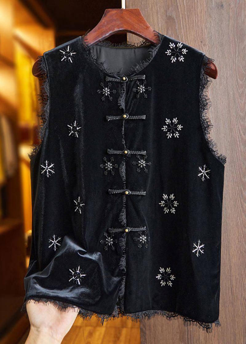 Gilet Sans Manches En Dentelle De Perles Noires Fait À La Main Patchwork De Soie Chemise En Velours