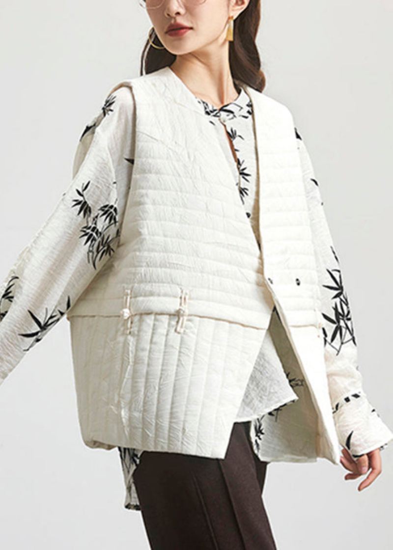 Gilet Simple Beige À Col En V Et Patchwork En Coton Sans Manches - Manteaux d'hiver femmes