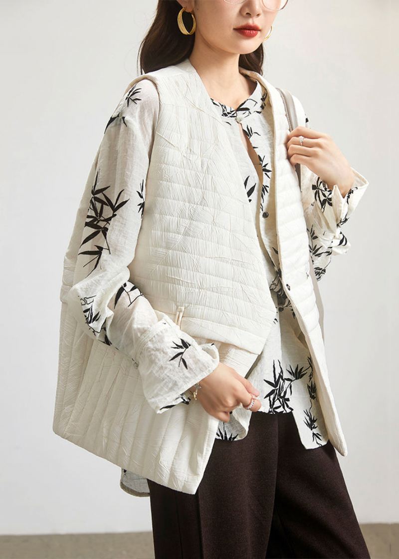 Gilet Simple Beige À Col En V Et Patchwork En Coton Sans Manches - Manteaux d'hiver femmes