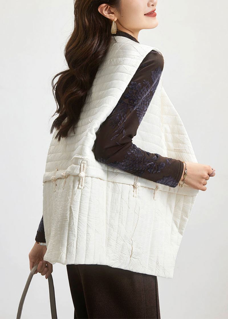 Gilet Simple Beige À Col En V Et Patchwork En Coton Sans Manches - Manteaux d'hiver femmes