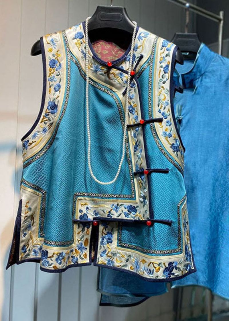 Gilet En Soie Bleu Ample À Col Rond Brodé Floral Patchwork Automne - Manteaux d'hiver femmes