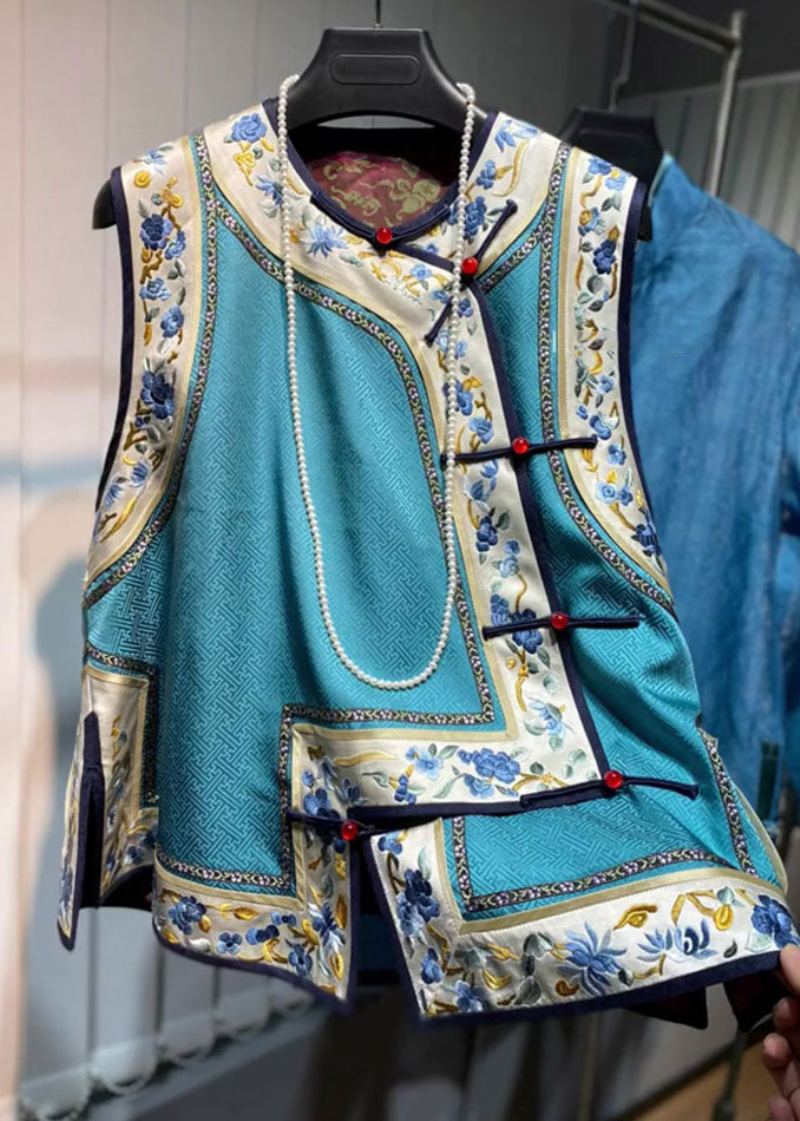 Gilet En Soie Bleu Ample À Col Rond Brodé Floral Patchwork Automne - Manteaux d'hiver femmes