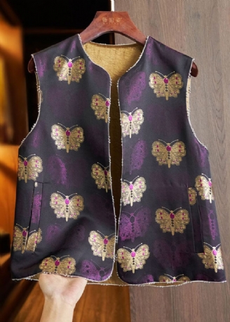 Gilet En Soie Brodé Violet Vintage Avec Perles D’ongles Automne