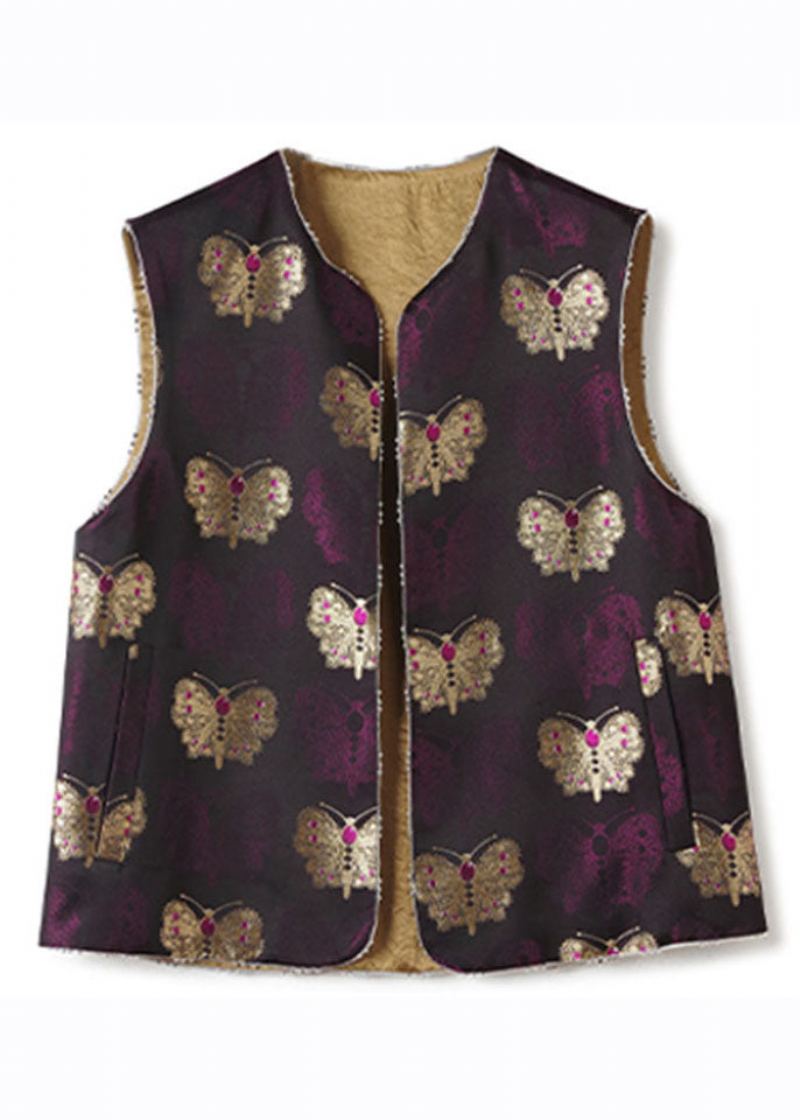 Gilet En Soie Brodé Violet Vintage Avec Perles D’ongles Automne - Violet