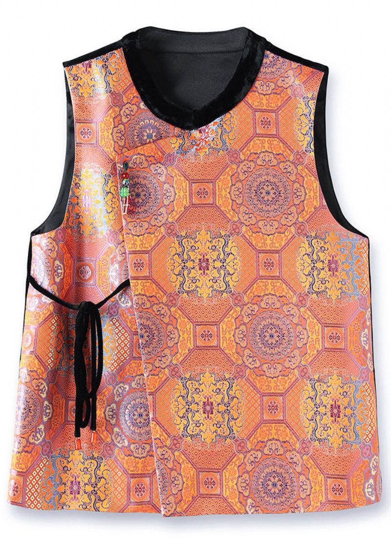 Gilet En Soie Jacquard Orange Col Rond À Lacets Patchwork Sans Manches - Manteaux d'hiver femmes