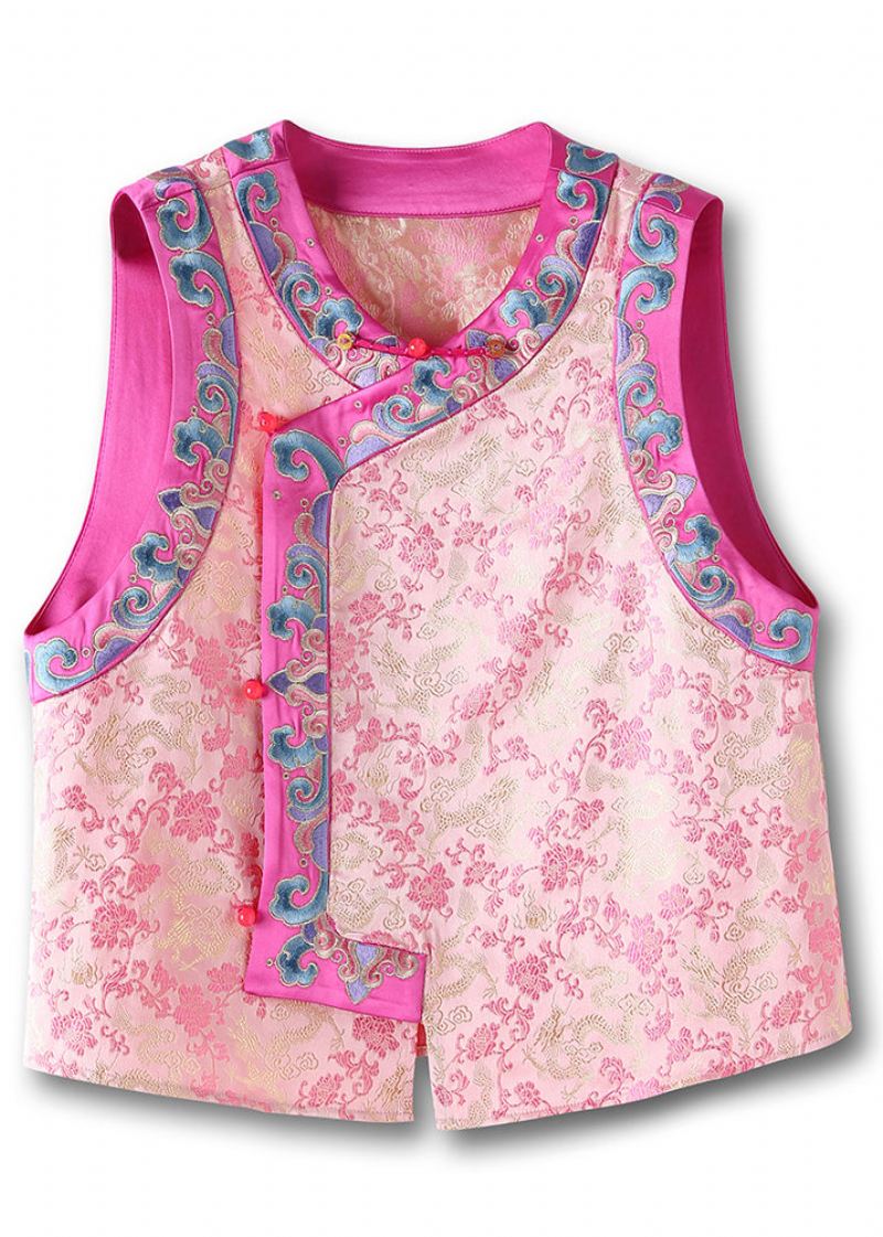 Gilet En Soie Patchwork Bouton Brodé Rose Vintage Sans Manches - Manteaux d'hiver femmes