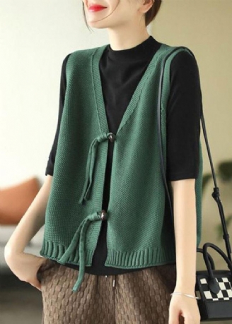 Gilet En Tricot Boutonné Vert Rétro Sans Manches