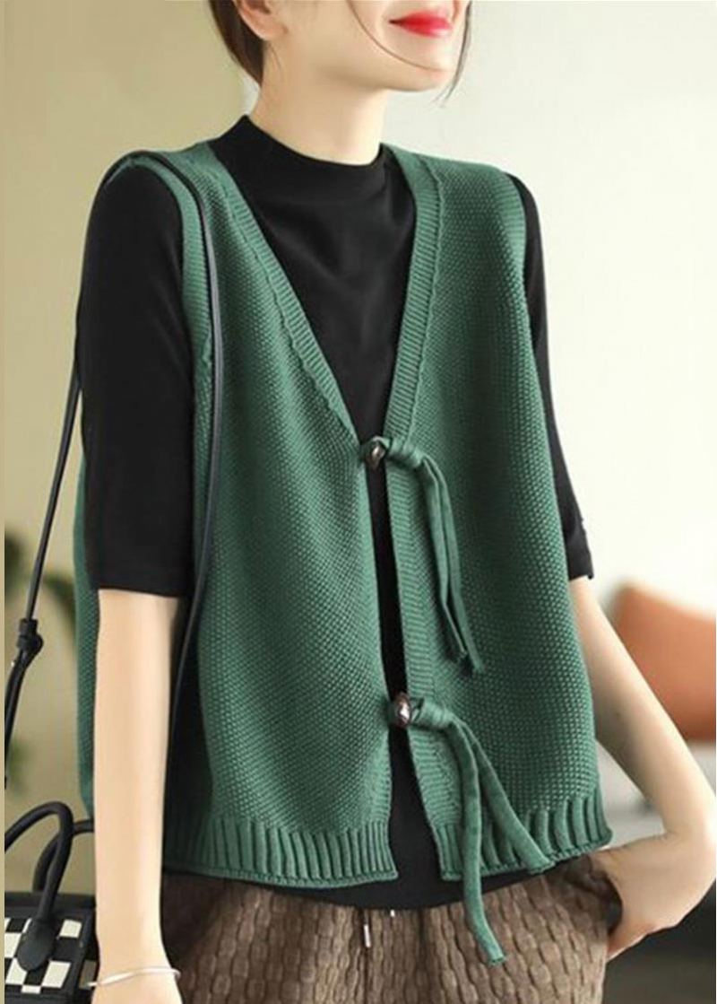 Gilet En Tricot Boutonné Vert Rétro Sans Manches - Vert