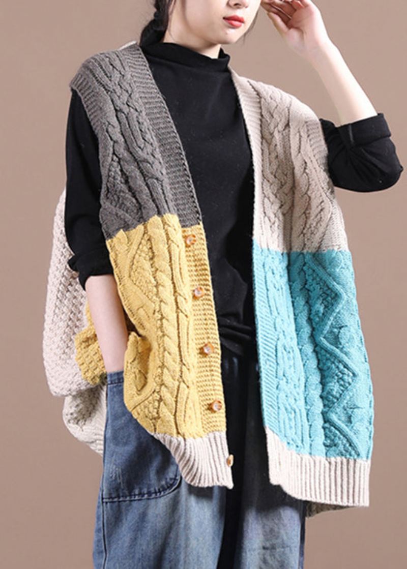 Gilet En Tricot Patchwork À Col En V Abricot Diy Sans Manches - Abricot