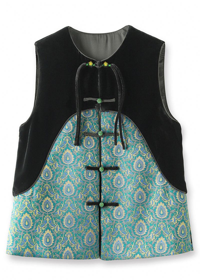 Gilet Vert Jacquard En Velours De Soie Col Rond Boutons Patchwork Sans Manches - Manteaux d'hiver femmes