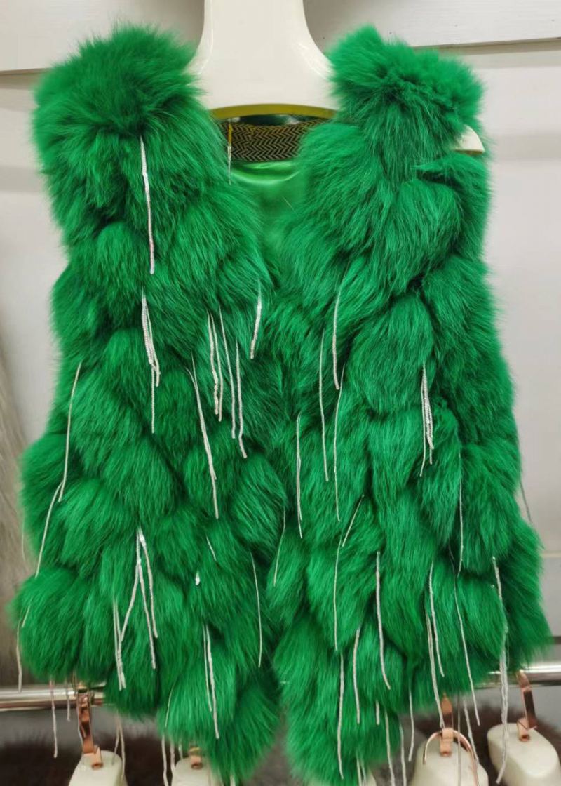 Gilet Vert Simple En Cuir Et Fourrure Avec Pompon Et Col En V Pour L'hiver