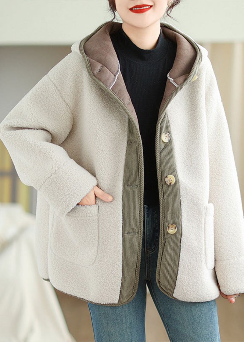 Grande Taille Abricot Poches À Capuche Patchwork Fausse Fourrure Manteau Polaire Chaud Hiver