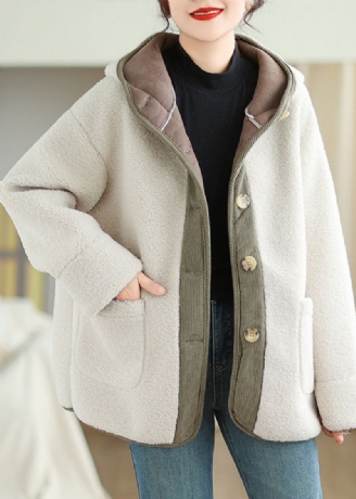 Grande Taille Abricot Poches À Capuche Patchwork Fausse Fourrure Manteau Polaire Chaud Hiver