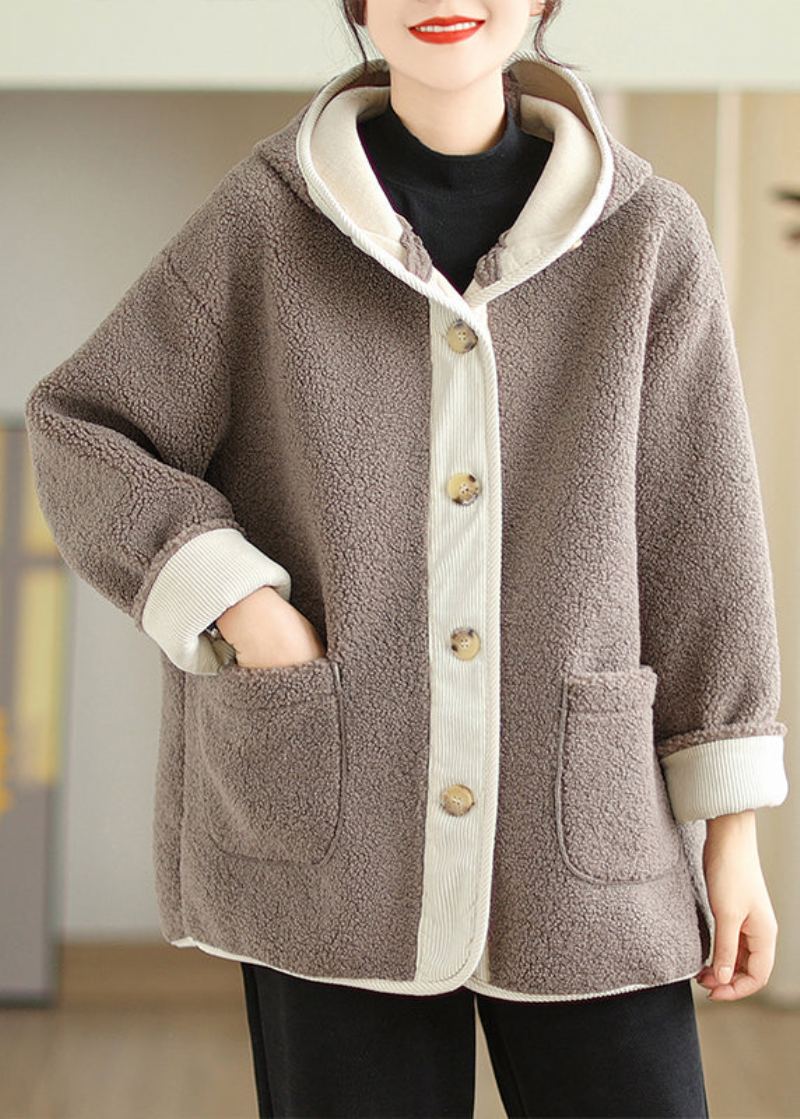 Grande Taille Abricot Poches À Capuche Patchwork Fausse Fourrure Manteau Polaire Chaud Hiver - Manteaux d'hiver femmes