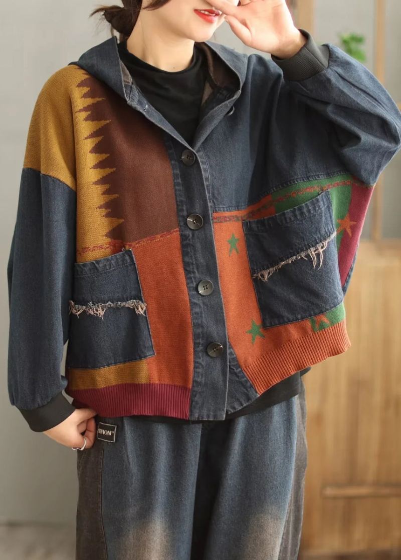 Grande Taille Bleu À Capuche Poches Patchwork Denim Manteau Printemps