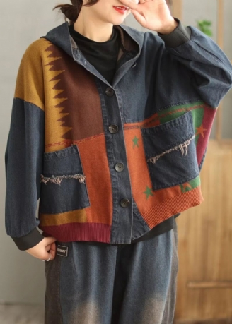 Grande Taille Bleu À Capuche Poches Patchwork Denim Manteau Printemps